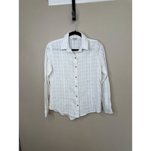 Sim‎ & Sam Womens white Blouse Small long sleeve button up collared sheer beach - Picture 1 of 7
